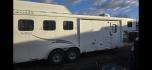 2014 White Bison Trailers Hand 380TH , located at 923 US HWY 87 E., Billings, MT, 59101, (406) 245-0456, 45.795788, -108.451881 - 2014 Bison Trail Hand 3 Horse Located in Billings MT $24,500 3 horse slant, 380TH, aluminum on aluminum, 7' Wide, hay rack, stud wall, full living quarters, bath, shower, toilet, a/c, hot water, furnace. Front queen bed and and jackknife couch makes into bed. Rear tack is collapsible. Front fold - Photo#0