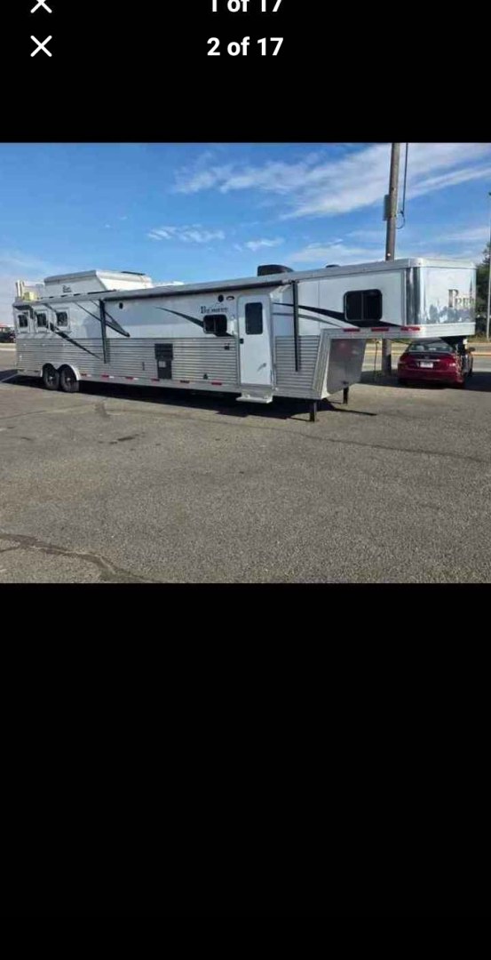 2017 White Bison Premiere , located at 923 US HWY 87 E., Billings, MT, 59101, (406) 245-0456, 45.795788, -108.451881 - ABSOLUTELY GORGEOUS!!!! 2017 Bison Premiere 8317PR Located in Billings MT $74,500 LOOKS BRAND NEW!!!! This 3 horse, 8 wide, 17' LQ, total length 40', dry weight 12,000 lbs, interior height 7'6", aluminum on aluminum is immaculate and has barely been used. Front queen bed and the couch an- Photo#1